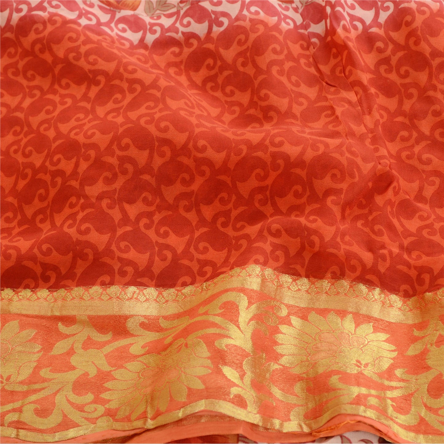 Sanskriti Vintage Sari Blend Georgette Red Printed Zari Border Sarees 5Yd Fabric For Crafting, Upcycling, or Even Wearing