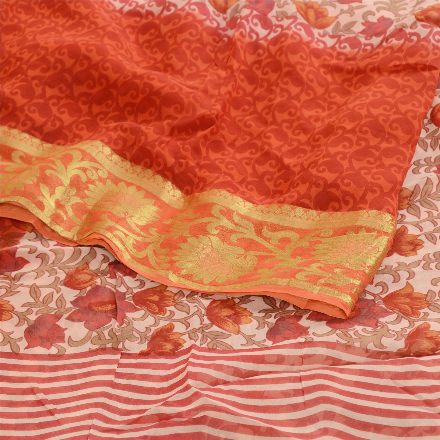 Sanskriti Vintage Sari Blend Georgette Red Printed Zari Border Sarees 5Yd Fabric For Crafting, Upcycling, or Even Wearing