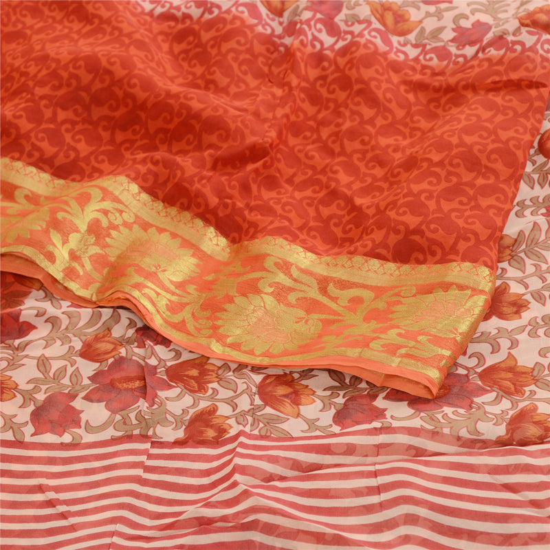 Sanskriti Vintage Sari Blend Georgette Red Printed Zari Border Sarees 5Yd Fabric For Crafting, Upcycling, or Even Wearing