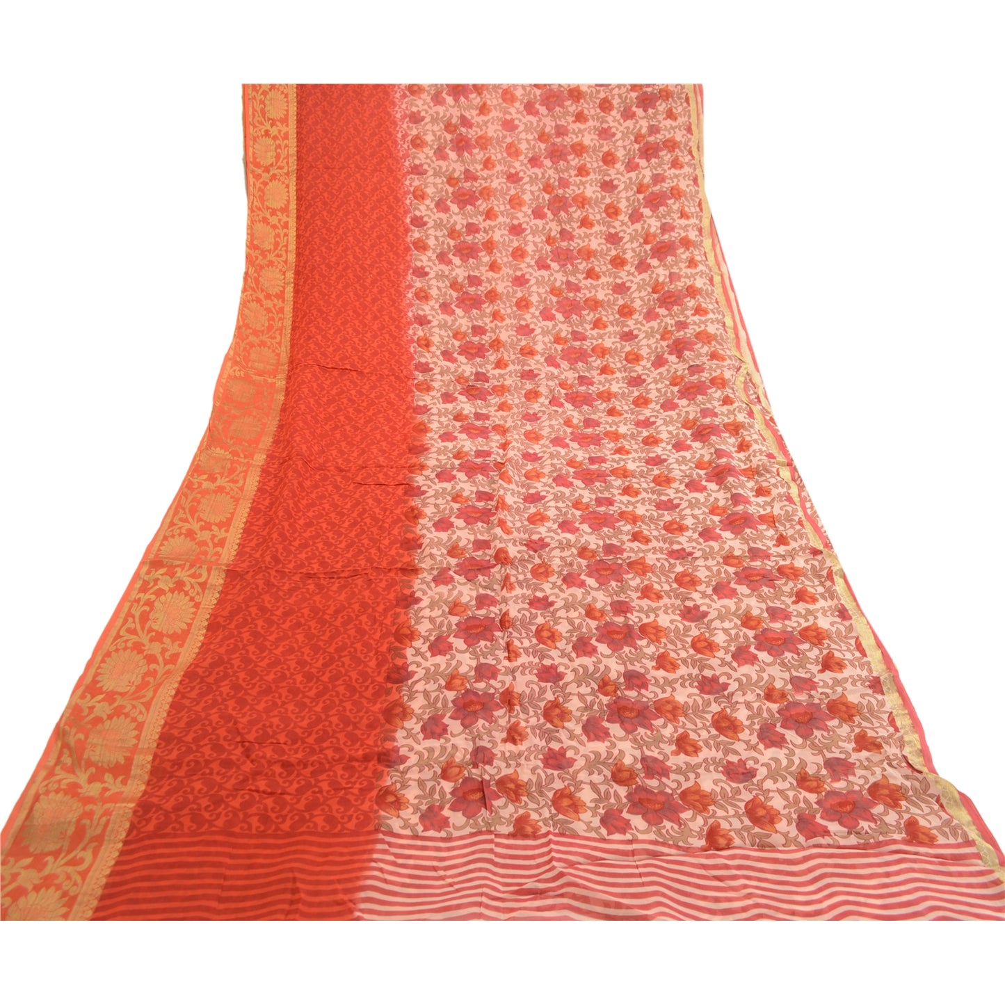 Sanskriti Vintage Sari Blend Georgette Red Printed Zari Border Sarees 5Yd Fabric For Crafting, Upcycling, or Even Wearing