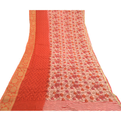Sanskriti Vintage Sari Blend Georgette Red Printed Zari Border Sarees 5Yd Fabric For Crafting, Upcycling, or Even Wearing