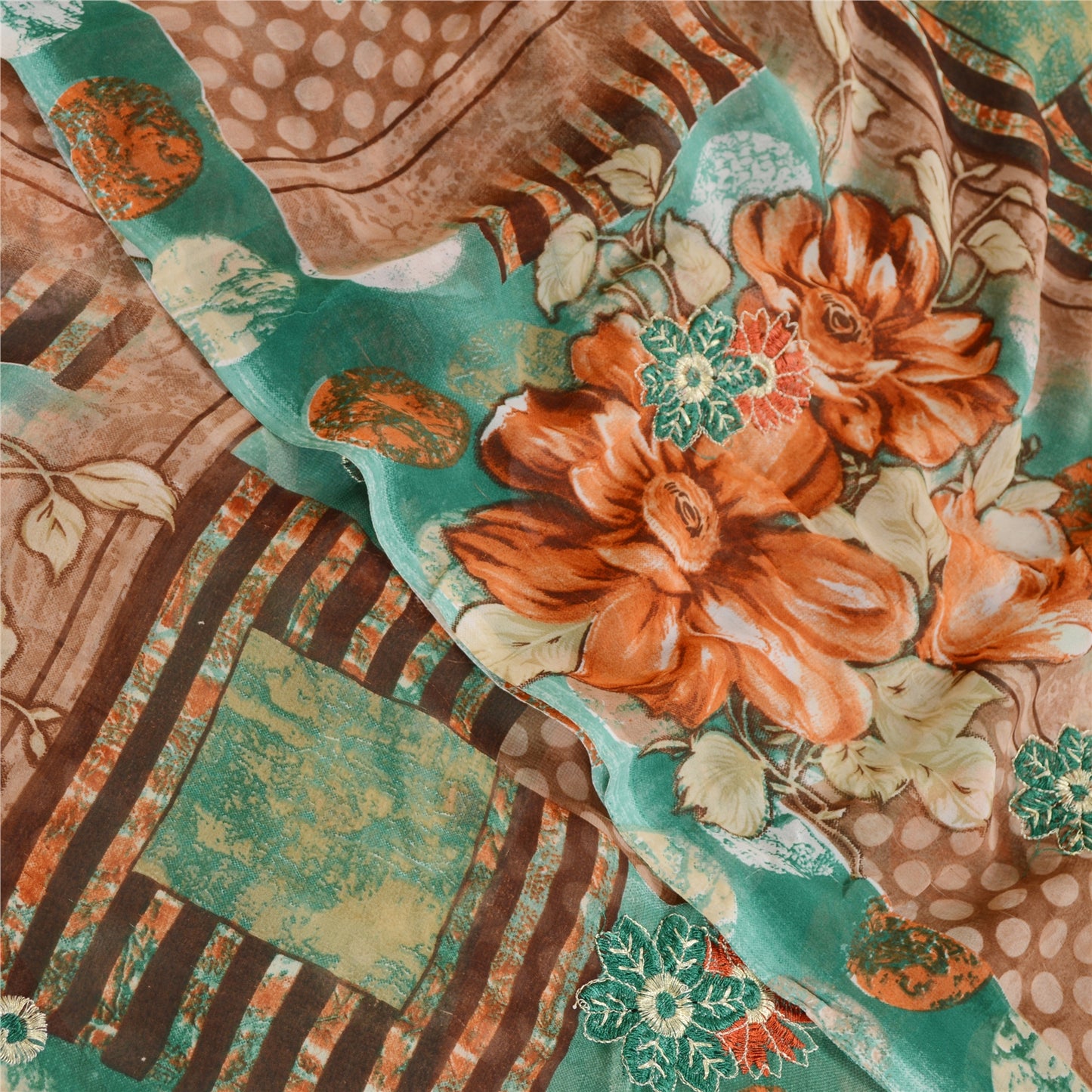 Sanskriti Vintage Sari Georgette From India Green Printed Sarees 5 Yd Craft Fabric Create-Floral Dresses, Kaftans, Skirts, Tops