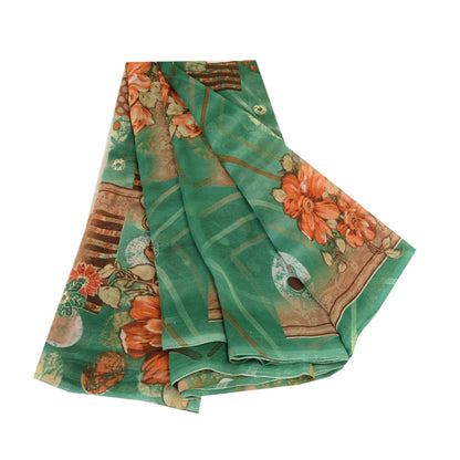 Sanskriti Vintage Sari Georgette From India Green Printed Sarees 5 Yd Craft Fabric Create-Floral Dresses, Kaftans, Skirts, Tops