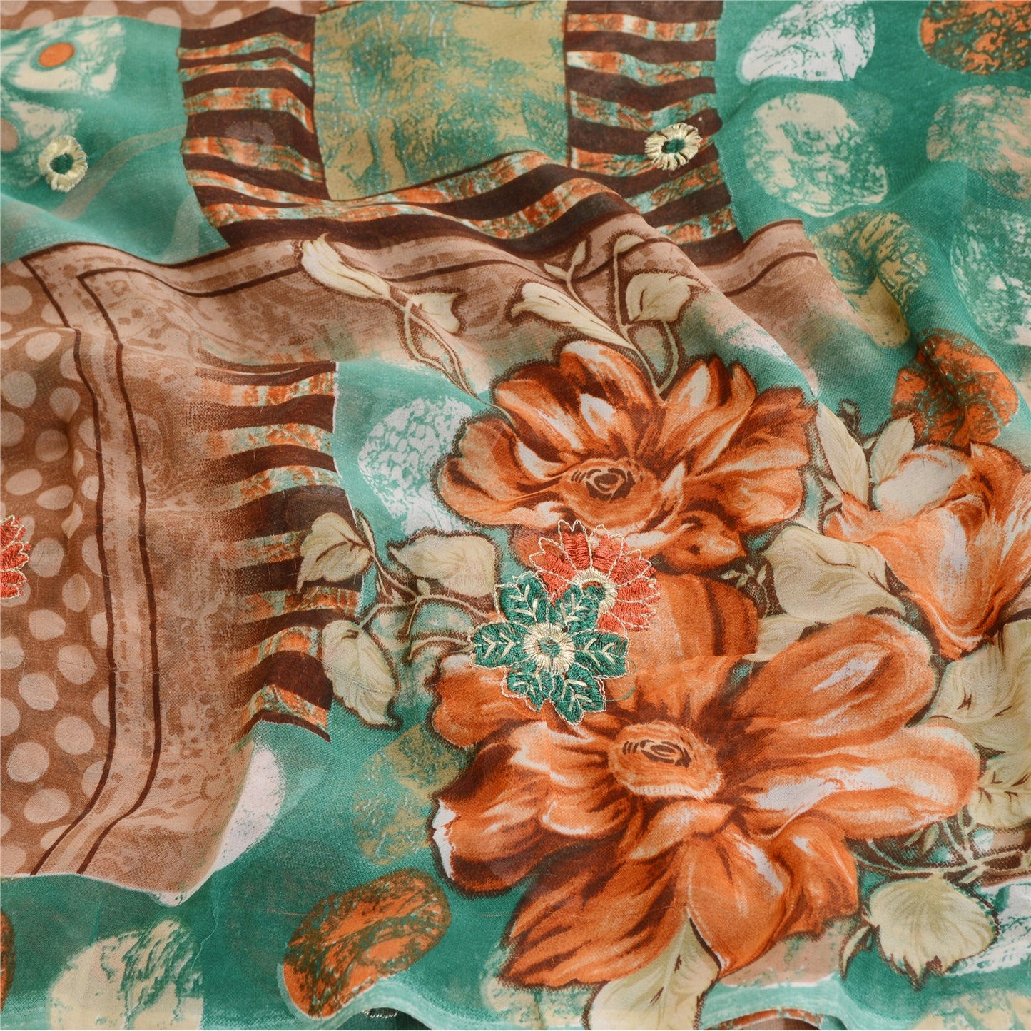 Sanskriti Vintage Sari Georgette From India Green Printed Sarees 5 Yd Craft Fabric Create-Floral Dresses, Kaftans, Skirts, Tops