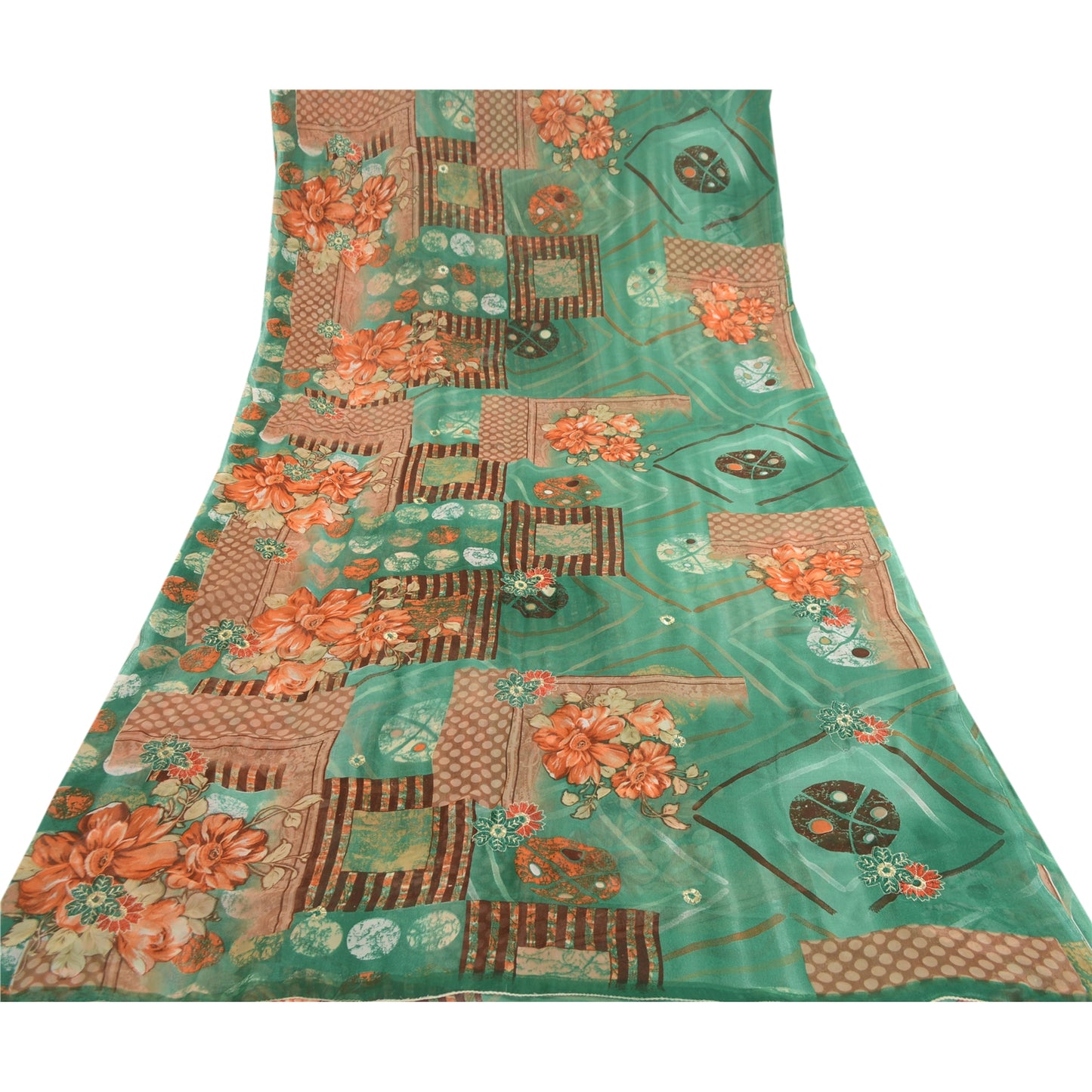 Sanskriti Vintage Sari Georgette From India Green Printed Sarees 5 Yd Craft Fabric Create-Floral Dresses, Kaftans, Skirts, Tops