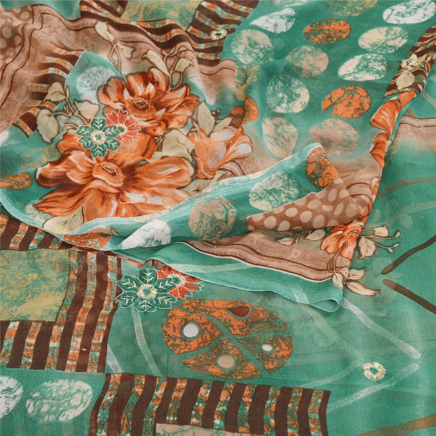 Sanskriti Vintage Sari Georgette From India Green Printed Sarees 5 Yd Craft Fabric Create-Floral Dresses, Kaftans, Skirts, Tops
