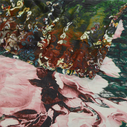 Sanskriti Vintage Sari Blend Georgette Green Floral Digital Printed Saree 5 Yd Craft Fabric Home Decor, Iniian Women Outfit, Silk Scrap