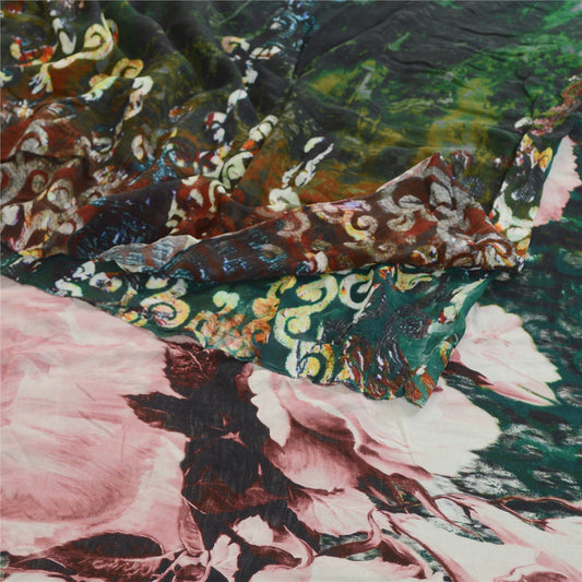 Sanskriti Vintage Sari Blend Georgette Green Floral Digital Printed Saree 5 Yd Craft Fabric Home Decor, Iniian Women Outfit, Silk Scrap