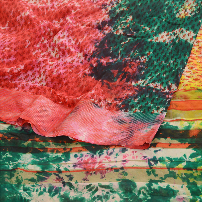 Sanskriti Vintage Sari 100% Pure Georgette Silk Tie-Dye Multicolor 5Yd Craft Fabric Home Decor, Women Floral Outfit, Silk Scrap