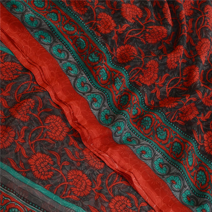 Sanskriti Vintage Sarees Indian Gray Georgette Printed Sari Floral Craft Fabric