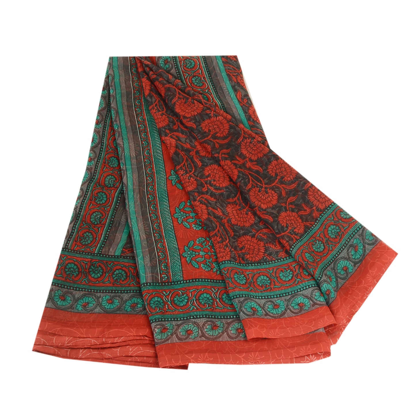 Sanskriti Vintage Sarees Indian Gray Georgette Printed Sari Floral Craft Fabric