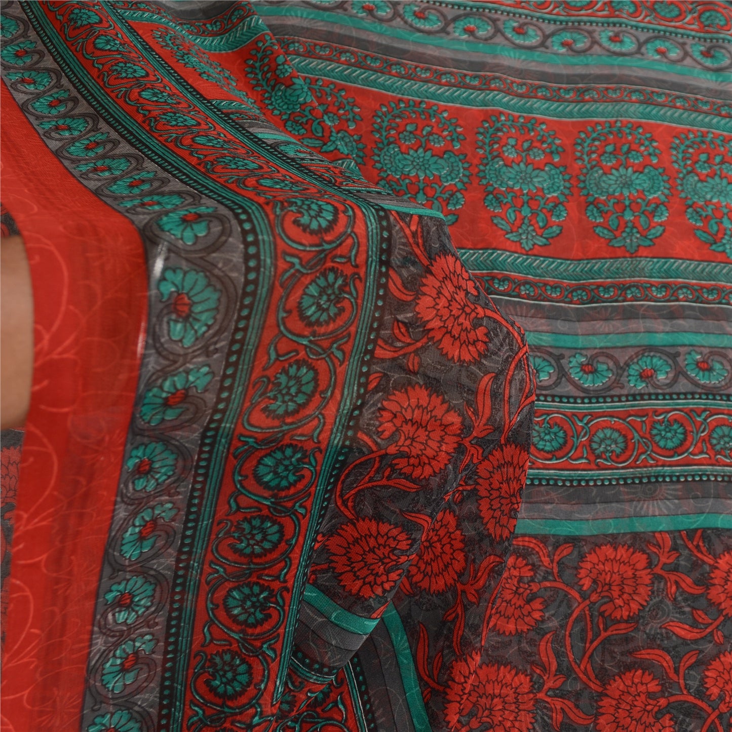 Sanskriti Vintage Sarees Indian Gray Georgette Printed Sari Floral Craft Fabric