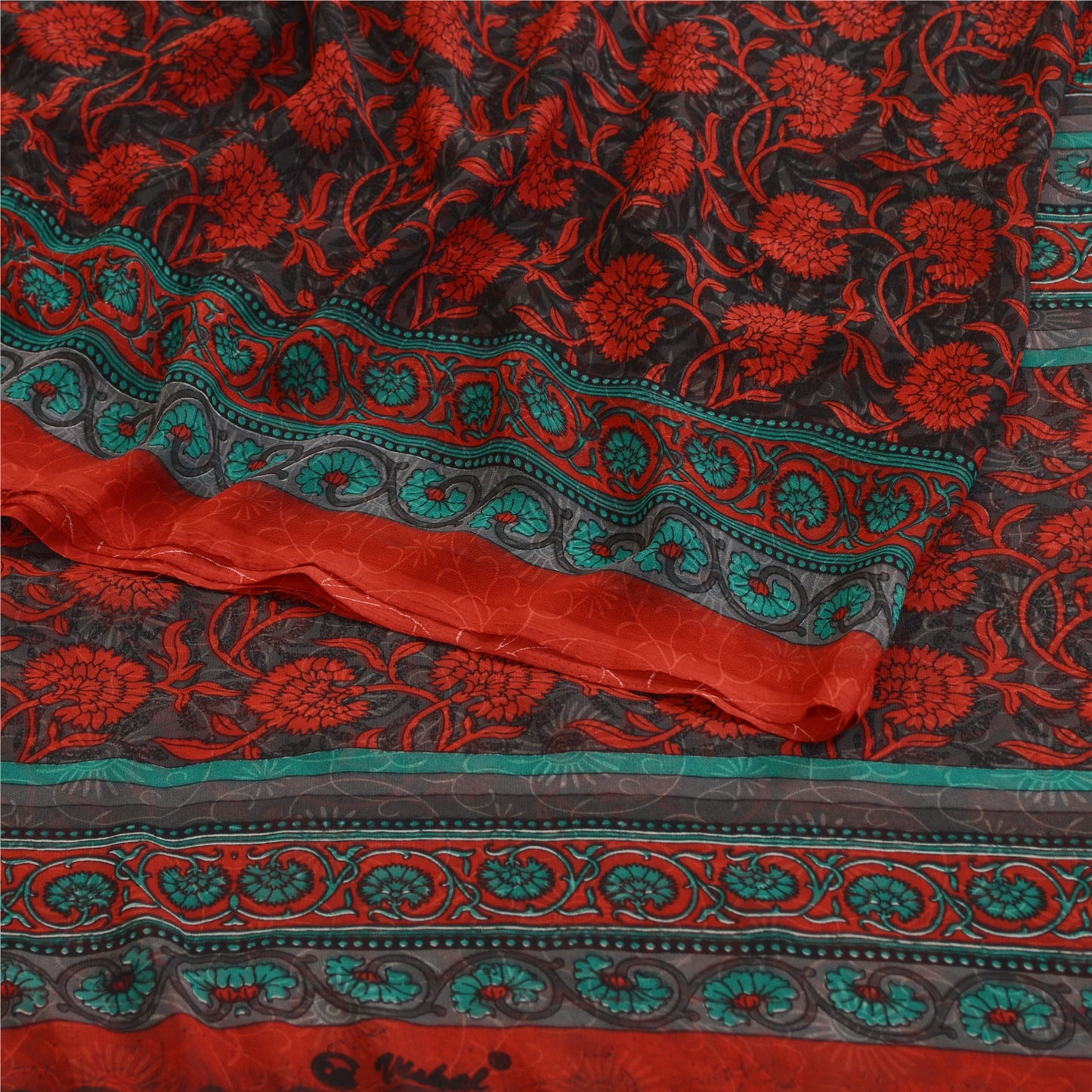 Sanskriti Vintage Sarees Indian Gray Georgette Printed Sari Floral Craft Fabric