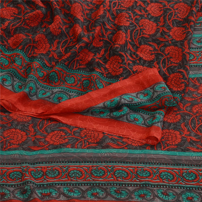 Sanskriti Vintage Sarees Indian Gray Georgette Printed Sari Floral Craft Fabric