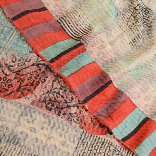 Sanskriti Vintage Sarees Ivory Block Print Woven Pure Georgette Silk Sari Sustainable Fabric