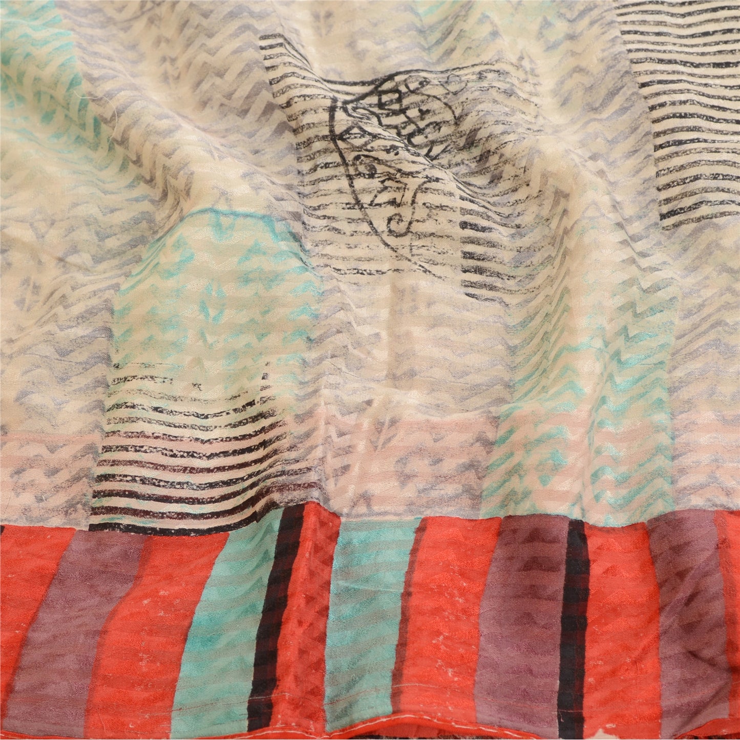 Sanskriti Vintage Sarees Ivory Block Print Woven Pure Georgette Silk Sari Sustainable Fabric