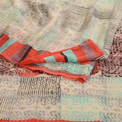 Sanskriti Vintage Sarees Ivory Block Print Woven Pure Georgette Silk Sari Sustainable Fabric