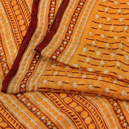 Sanskriti Vintage Saree Orange Printed Pure Chiffon Silk Sari 5yd Craft Sustainable Fabric