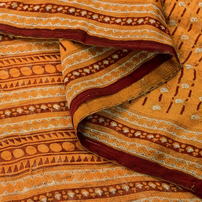 Sanskriti Vintage Saree Orange Printed Pure Chiffon Silk Sari 5yd Craft Sustainable Fabric