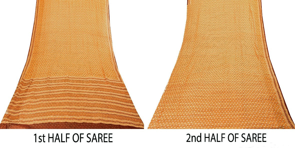 Sanskriti Vintage Saree Orange Printed Pure Chiffon Silk Sari 5yd Craft Sustainable Fabric