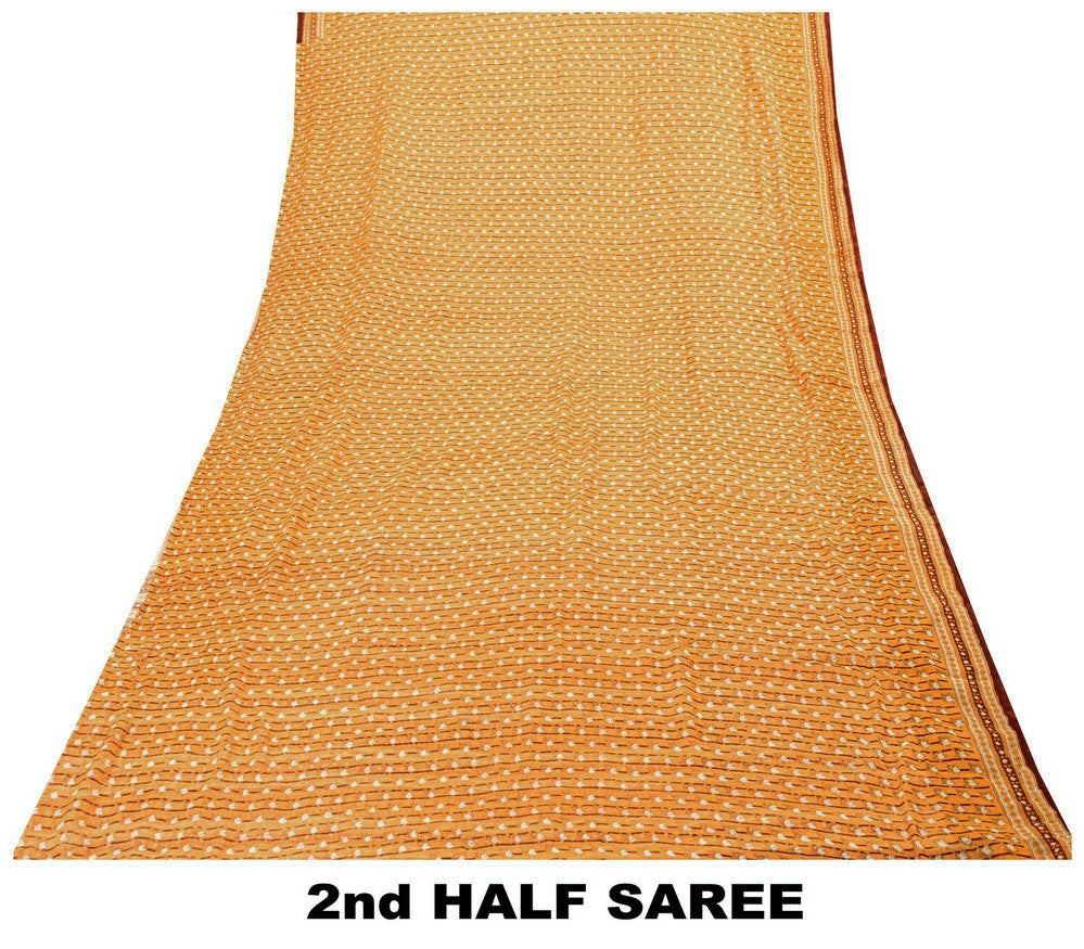 Sanskriti Vintage Saree Orange Printed Pure Chiffon Silk Sari 5yd Craft Sustainable Fabric