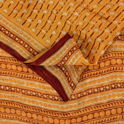Sanskriti Vintage Saree Orange Printed Pure Chiffon Silk Sari 5yd Craft Sustainable Fabric
