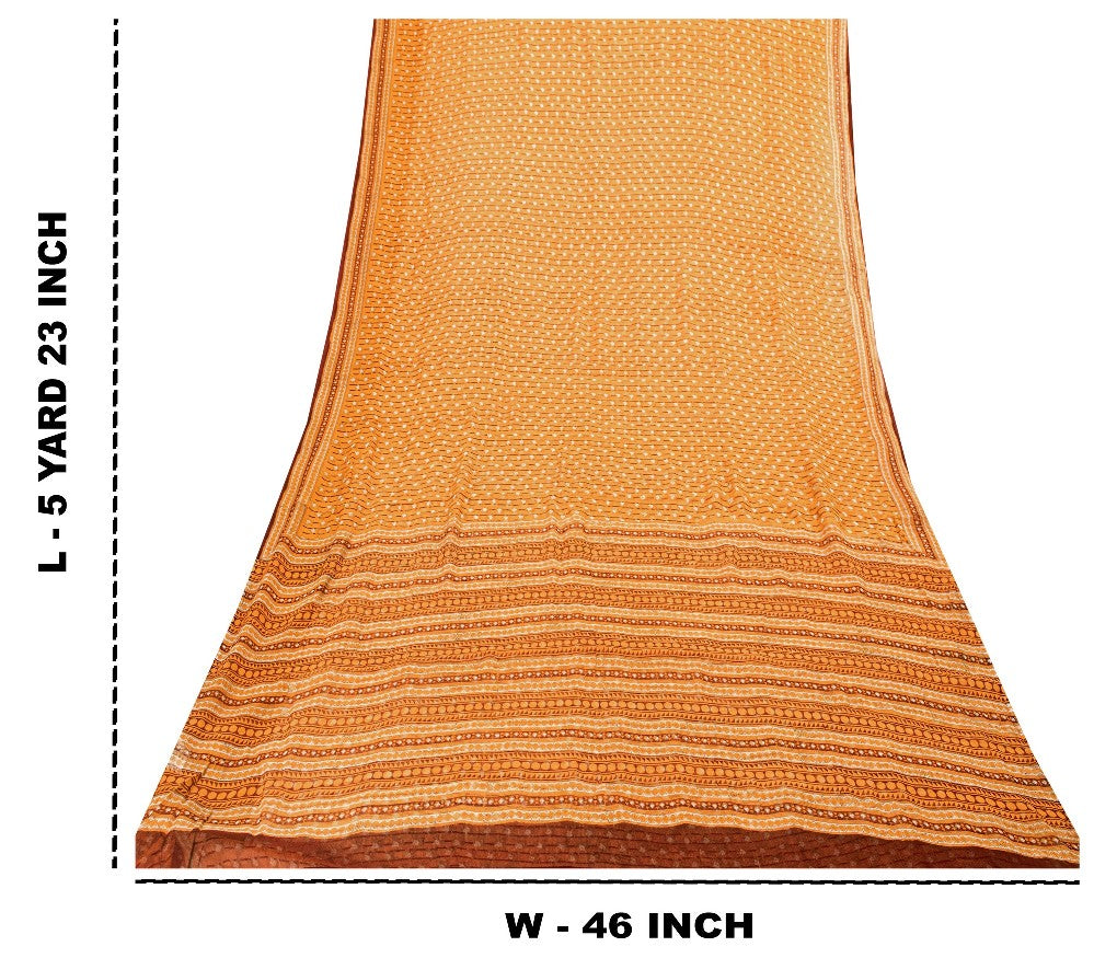 Sanskriti Vintage Saree Orange Printed Pure Chiffon Silk Sari 5yd Craft Sustainable Fabric