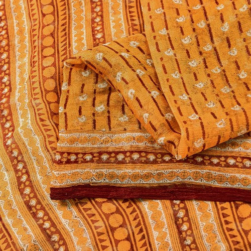 Sanskriti Vintage Saree Orange Printed Pure Chiffon Silk Sari 5yd Craft Sustainable Fabric