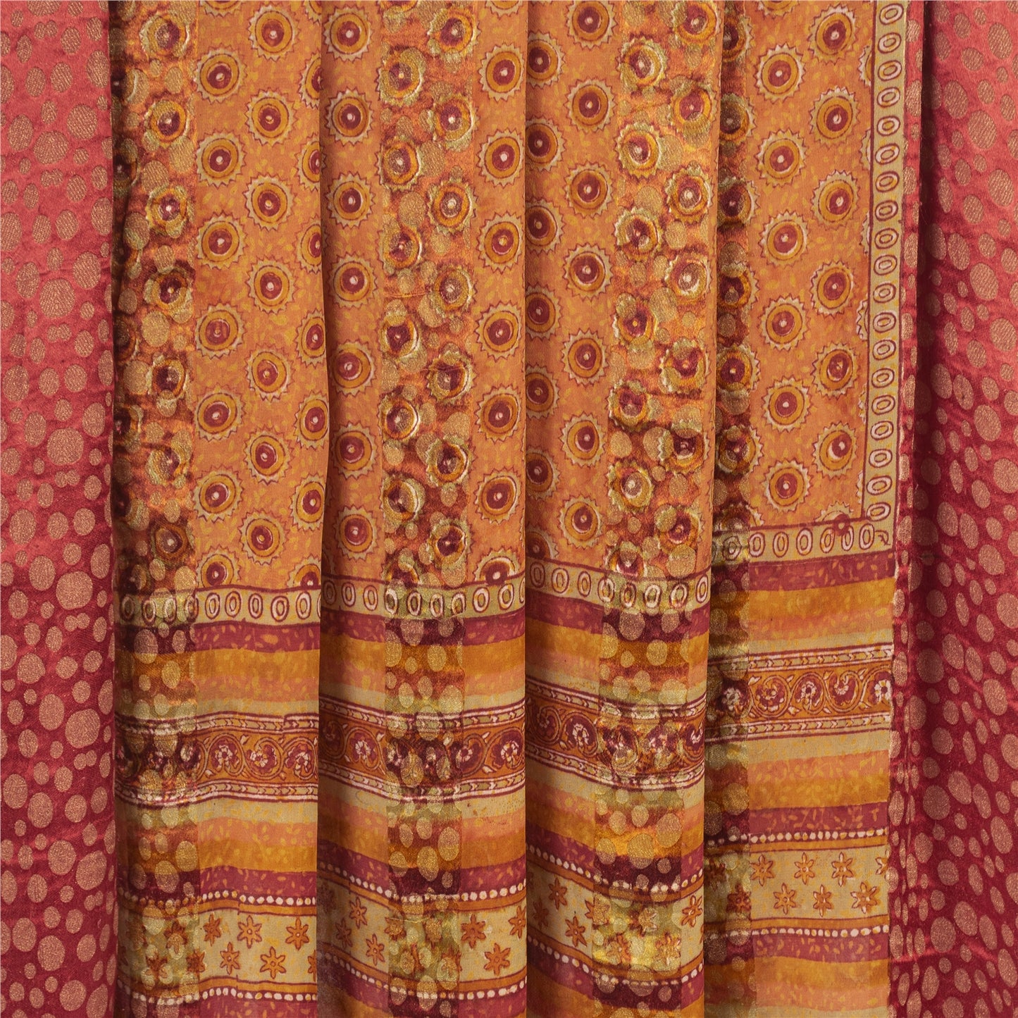 Sanskriti Vintage Saree Orange Pure Georgette Silk Printed Woven Sari 5yd Sustainable Fabric