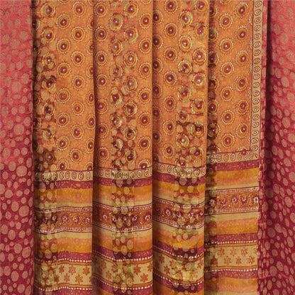Sanskriti Vintage Saree Orange Pure Georgette Silk Printed Woven Sari 5yd Sustainable Fabric