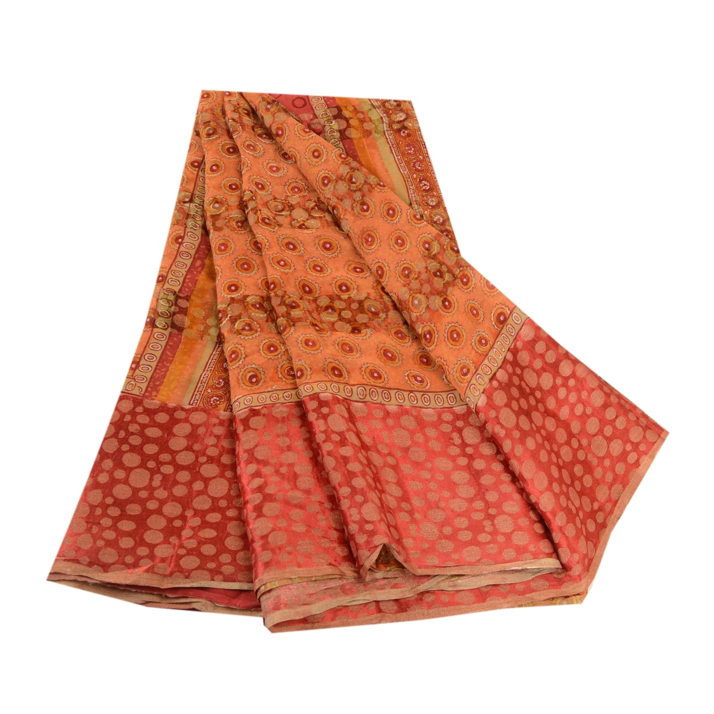 Sanskriti Vintage Saree Orange Pure Georgette Silk Printed Woven Sari 5yd Sustainable Fabric