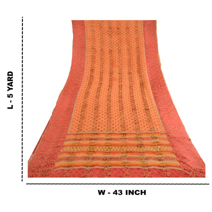 Sanskriti Vintage Saree Orange Pure Georgette Silk Printed Woven Sari 5yd Sustainable Fabric