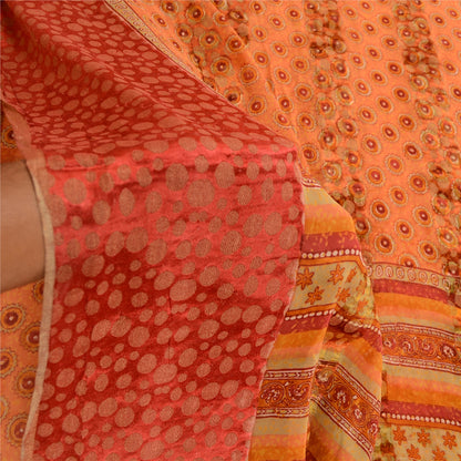 Sanskriti Vintage Saree Orange Pure Georgette Silk Printed Woven Sari 5yd Sustainable Fabric