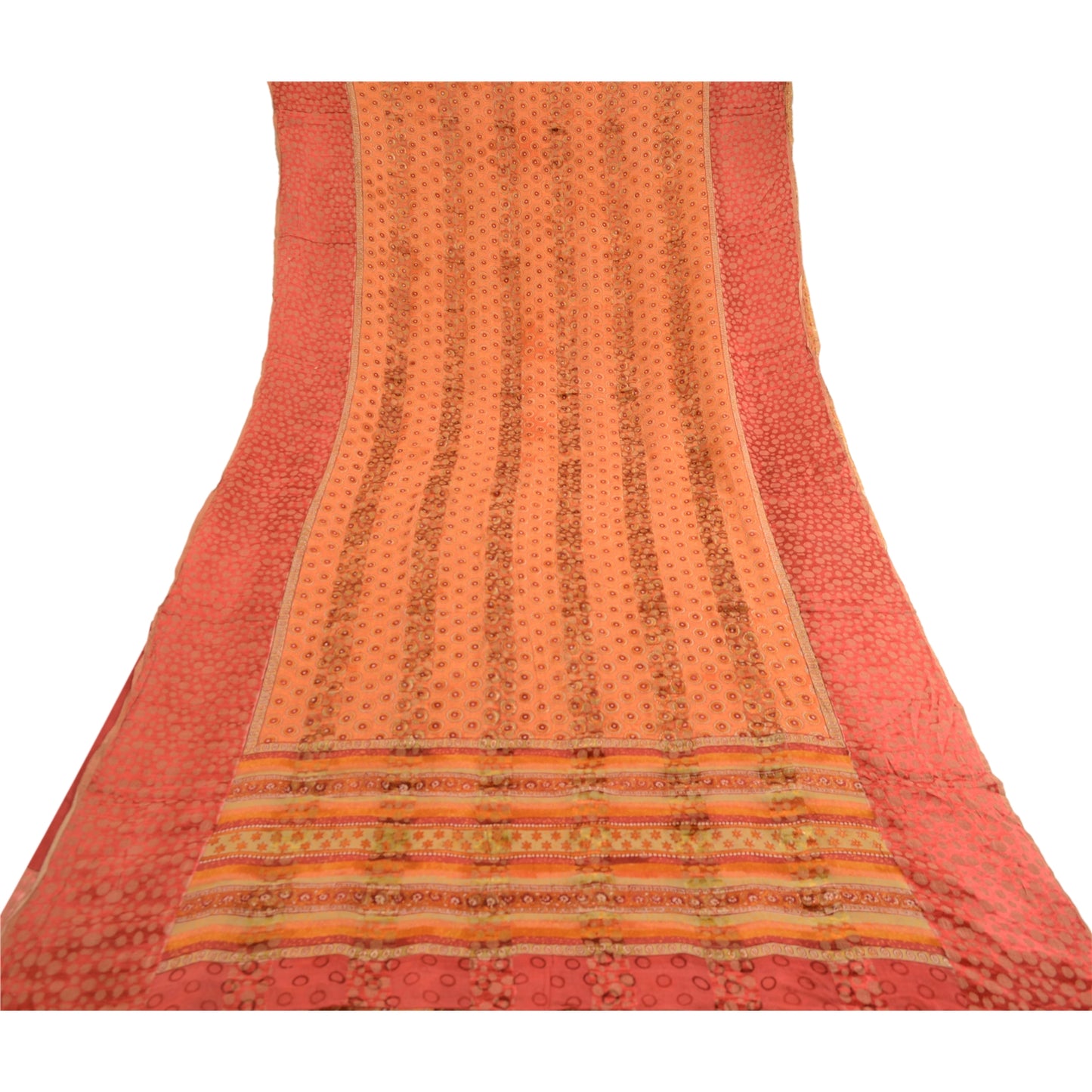 Sanskriti Vintage Saree Orange Pure Georgette Silk Printed Woven Sari 5yd Sustainable Fabric