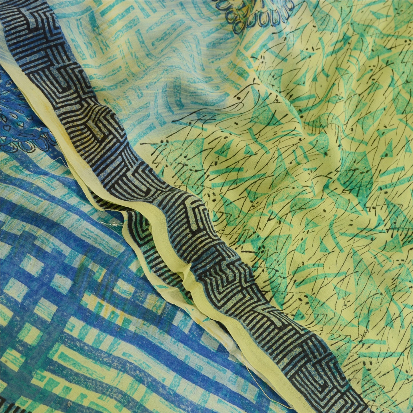 Sanskriti Vintage Sarees Floral Printed Pure Georgette Silk Green & Blue Saree - 5Yard Fabric For Crafting, Upcycling, Even Wearing, Decor