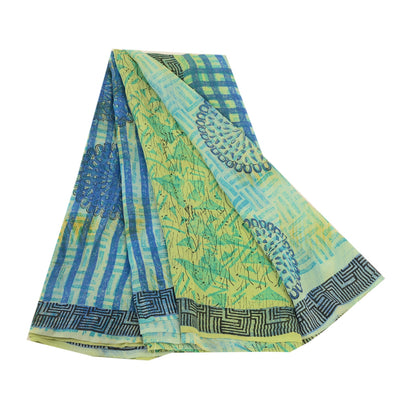 Sanskriti Vintage Sarees Floral Printed Pure Georgette Silk Green & Blue Saree - 5Yard Fabric For Crafting, Upcycling, Even Wearing, Decor