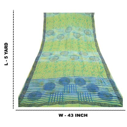 Sanskriti Vintage Sarees Floral Printed Pure Georgette Silk Green & Blue Saree - 5Yard Fabric For Crafting, Upcycling, Even Wearing, Decor