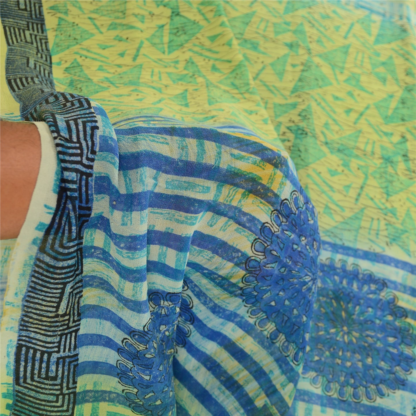 Sanskriti Vintage Sarees Floral Printed Pure Georgette Silk Green & Blue Saree - 5Yard Fabric For Crafting, Upcycling, Even Wearing, Decor