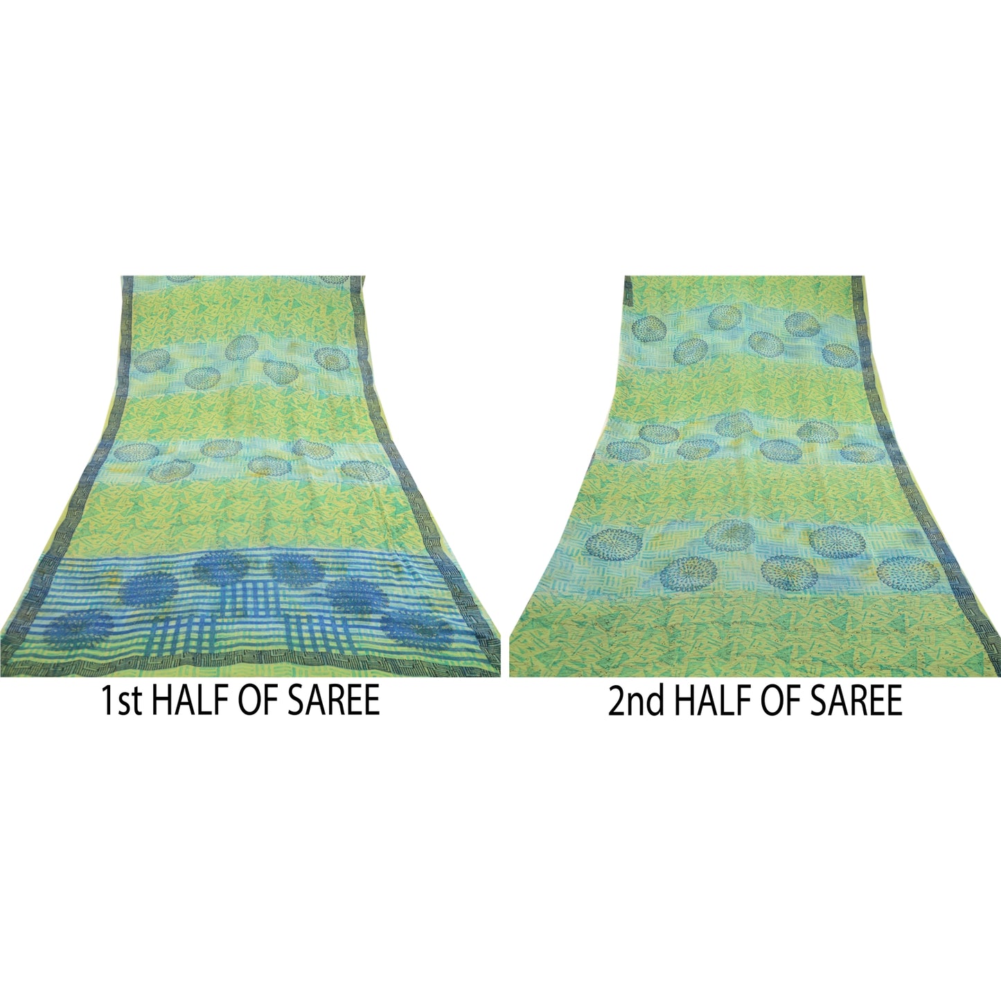 Sanskriti Vintage Sarees Floral Printed Pure Georgette Silk Green & Blue Saree - 5Yard Fabric For Crafting, Upcycling, Even Wearing, Decor