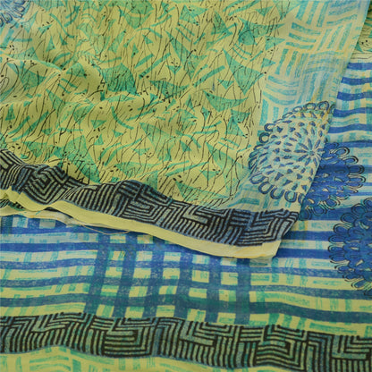 Sanskriti Vintage Sarees Floral Printed Pure Georgette Silk Green & Blue Saree - 5Yard Fabric For Crafting, Upcycling, Even Wearing, Decor