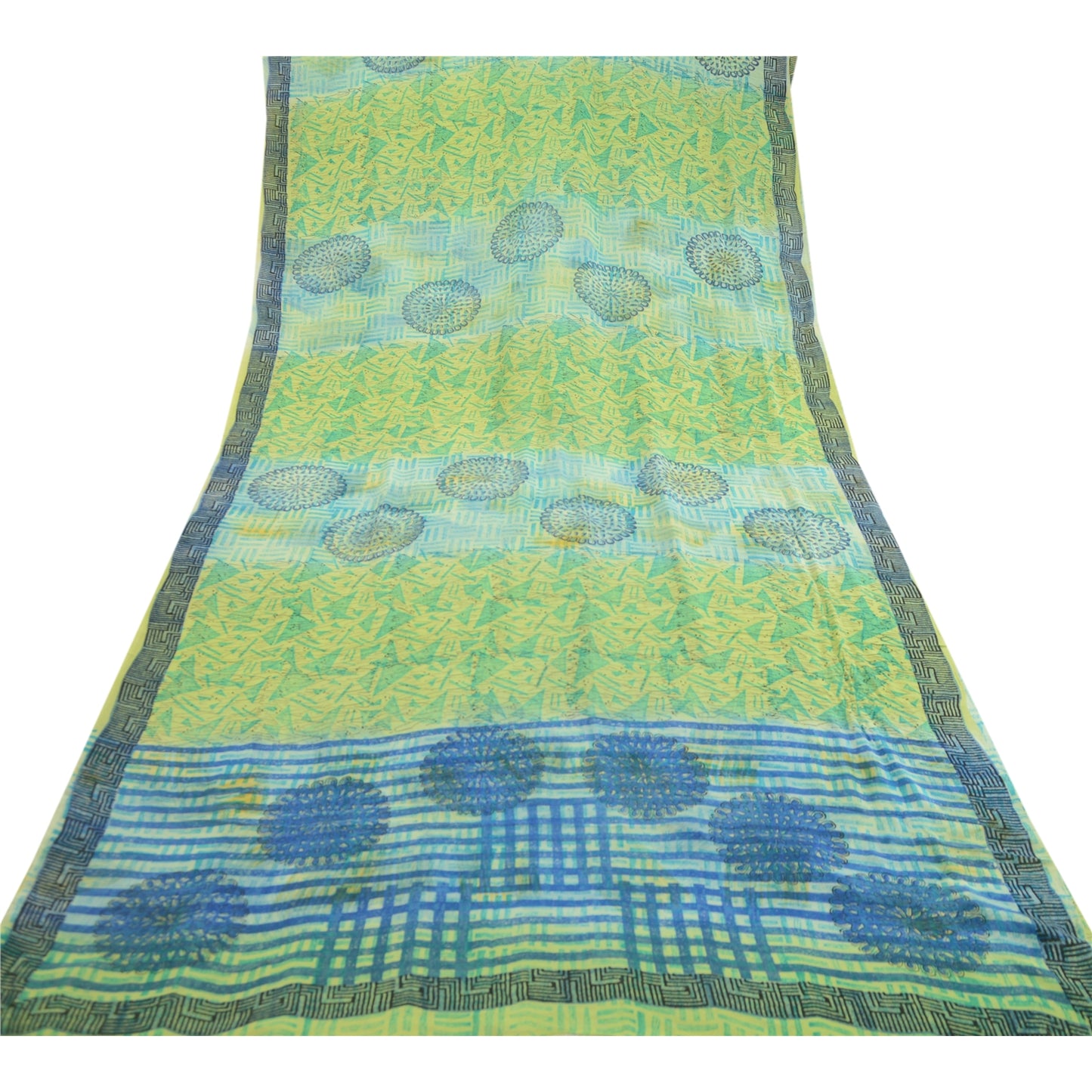 Sanskriti Vintage Sarees Floral Printed Pure Georgette Silk Green & Blue Saree - 5Yard Fabric For Crafting, Upcycling, Even Wearing, Decor