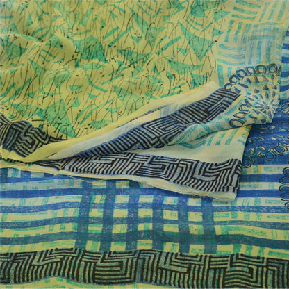 Sanskriti Vintage Sarees Floral Printed Pure Georgette Silk Green & Blue Saree - 5Yard Fabric For Crafting, Upcycling, Even Wearing, Decor