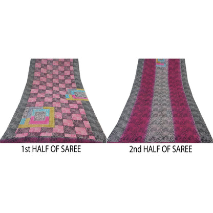 Sanskriti Vintage Saree Black & Pink Pure Georgette Print Sari 5+YD Craft Fabric
