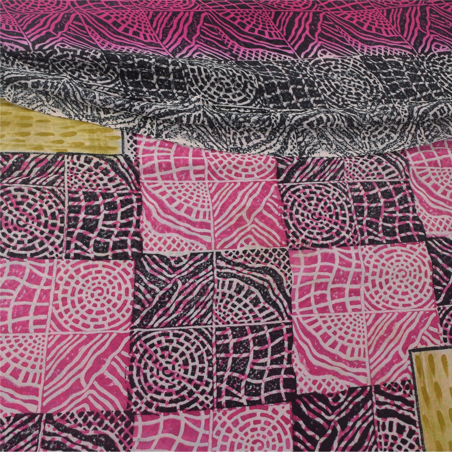 Sanskriti Vintage Saree Black & Pink Pure Georgette Print Sari 5+YD Craft Fabric