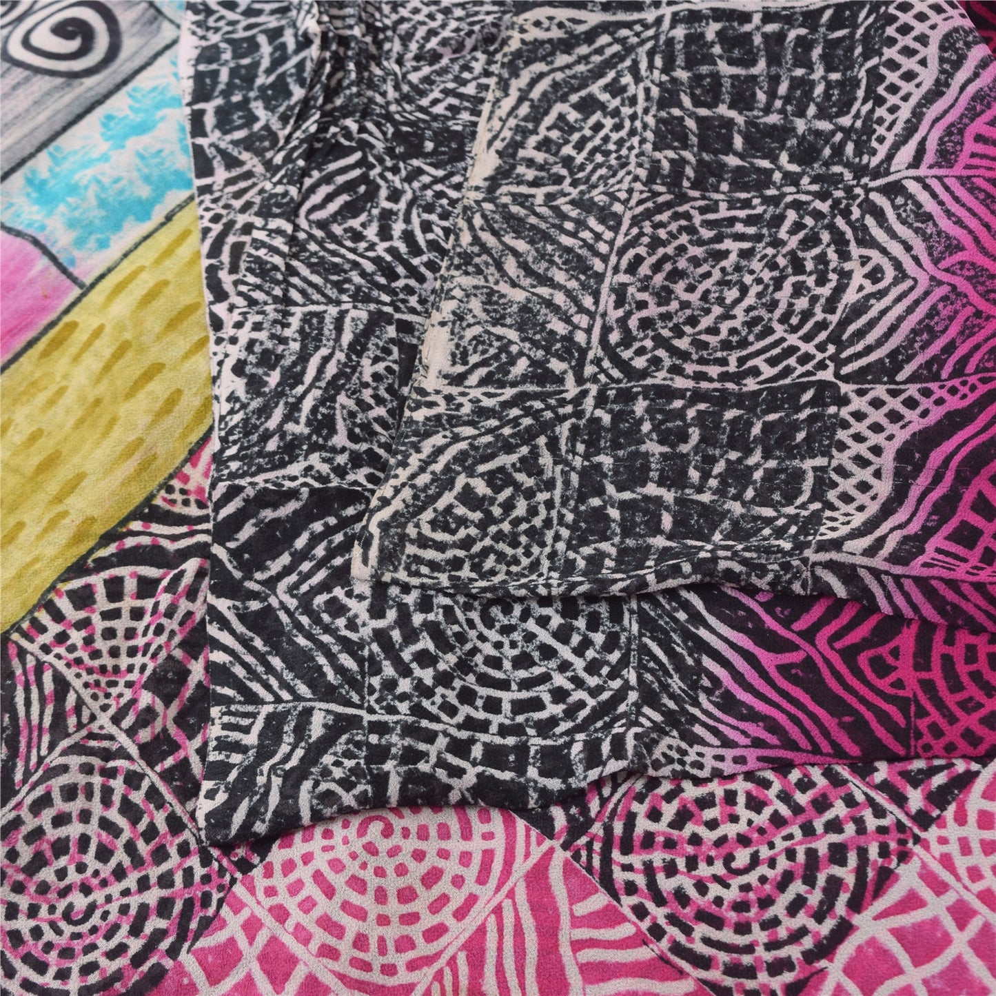 Sanskriti Vintage Saree Black & Pink Pure Georgette Print Sari 5+YD Craft Fabric