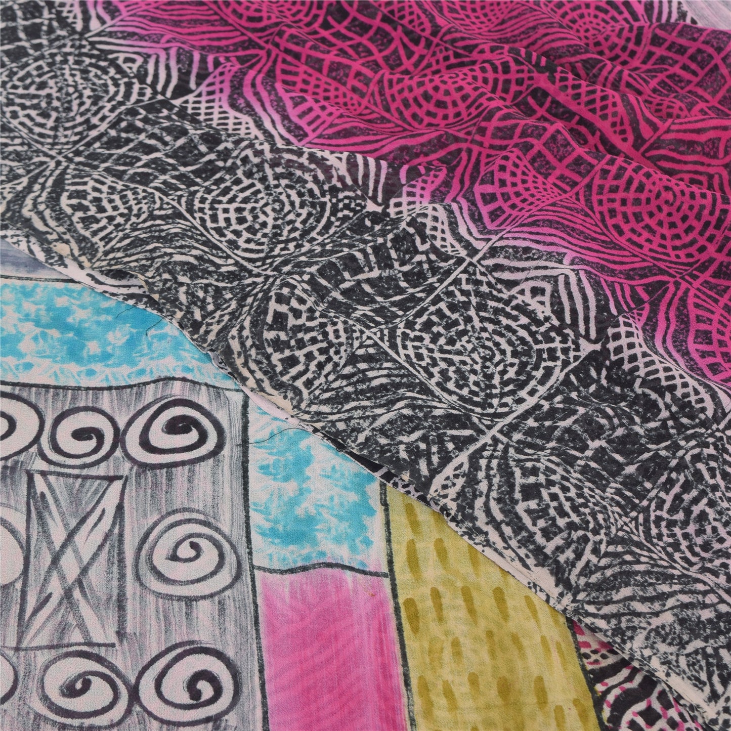 Sanskriti Vintage Saree Black & Pink Pure Georgette Print Sari 5+YD Craft Fabric