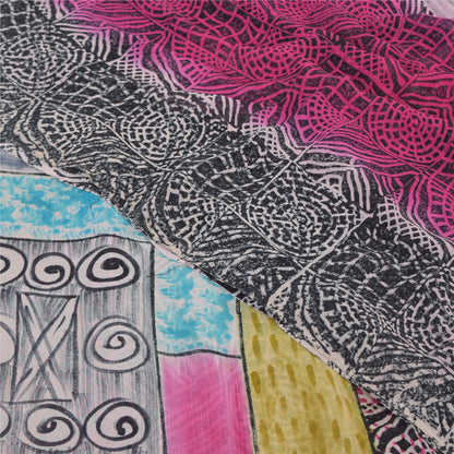 Sanskriti Vintage Saree Black & Pink Pure Georgette Print Sari 5+YD Craft Fabric