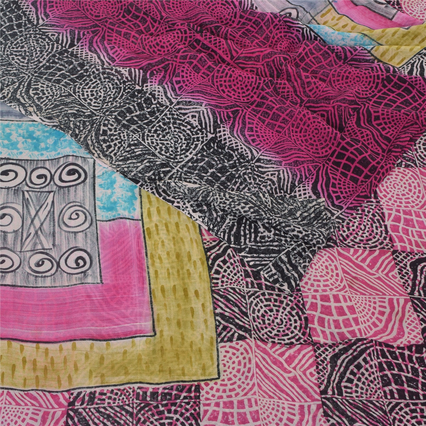 Sanskriti Vintage Saree Black & Pink Pure Georgette Print Sari 5+YD Craft Fabric