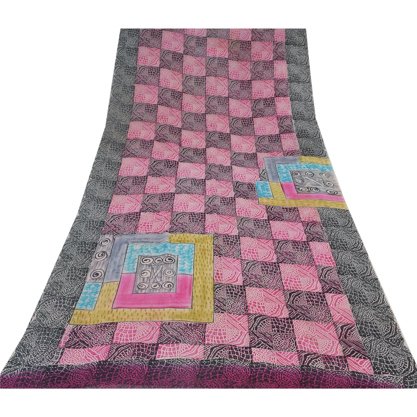 Sanskriti Vintage Saree Black & Pink Pure Georgette Print Sari 5+YD Craft Fabric
