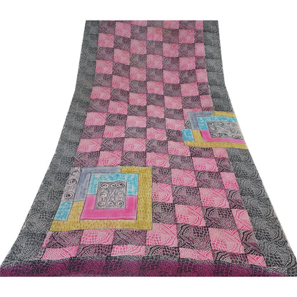 Sanskriti Vintage Saree Black & Pink Pure Georgette Print Sari 5+YD Craft Fabric